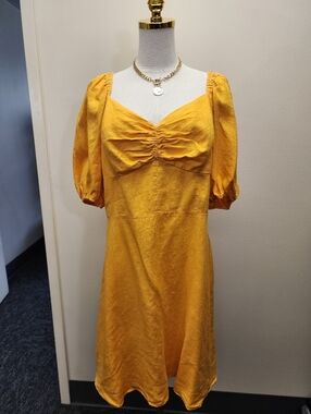 The Drop Mustard Yellow Midi Dress Puff Sleeve Ruched Bust Spring Dress Size XL